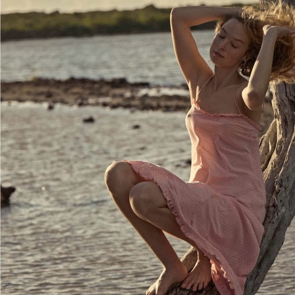 NWT DÔEN Calsi Silk Dress in Cherry Blossom Pink Polka Dot Maxi Dress
